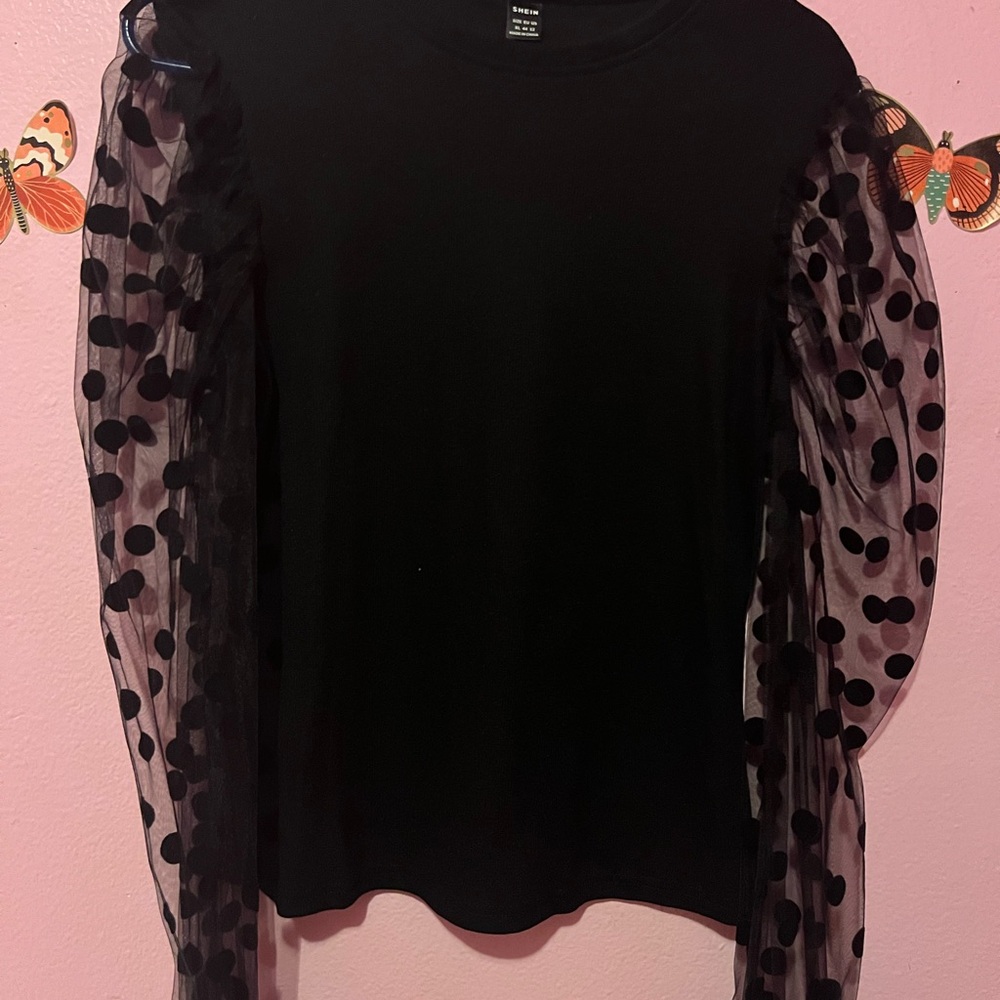 Black Top with Sheer Polka Dot Sleeves
